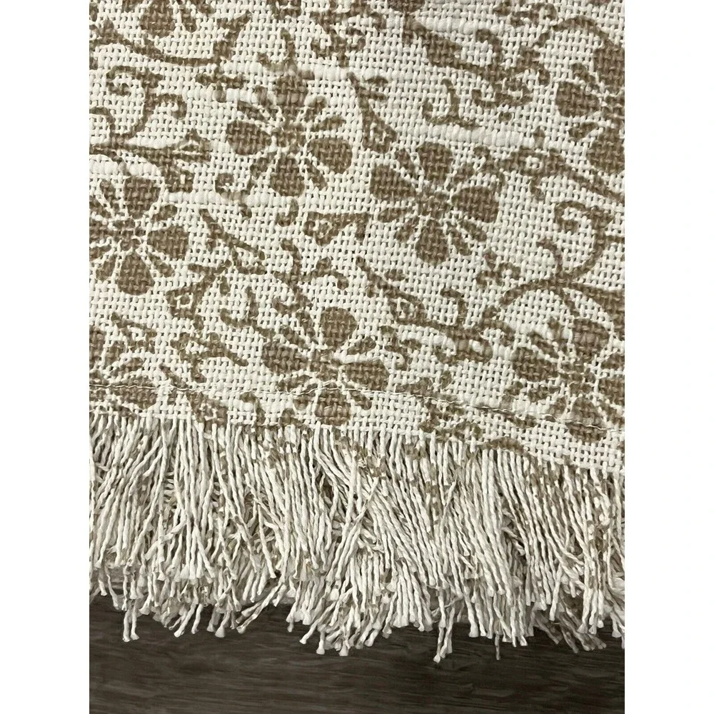 New Envogue Home Fabric Shower Curtain Textured Cotton Brown Floral Print Fringe